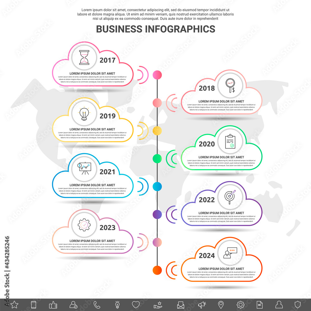 Infographic clouds. Vector line business concept of 8 options. Abstract template with eight steps for diagram, web, banner, presentations, flowchart, content, levels, chart