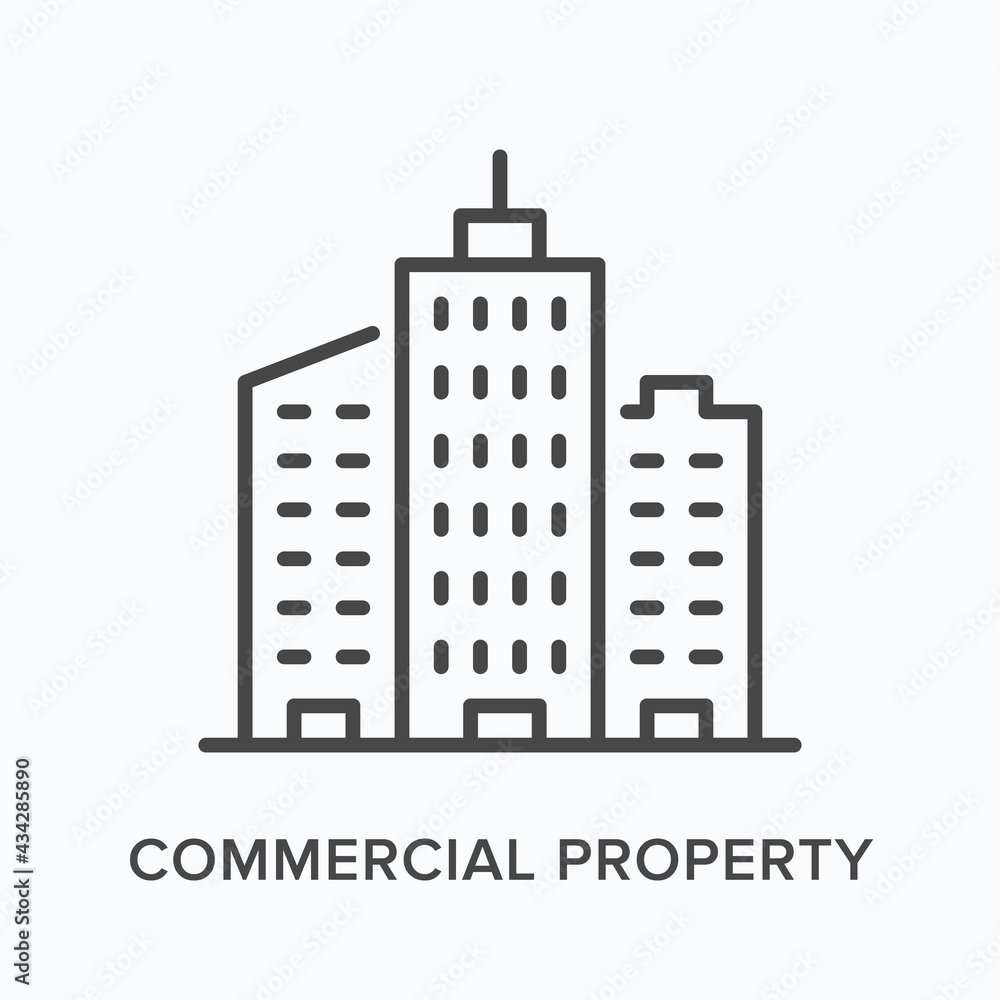 Commercial property flat line icon. Vector outline illustration of building. Black thin linear pictogram for appartment estate