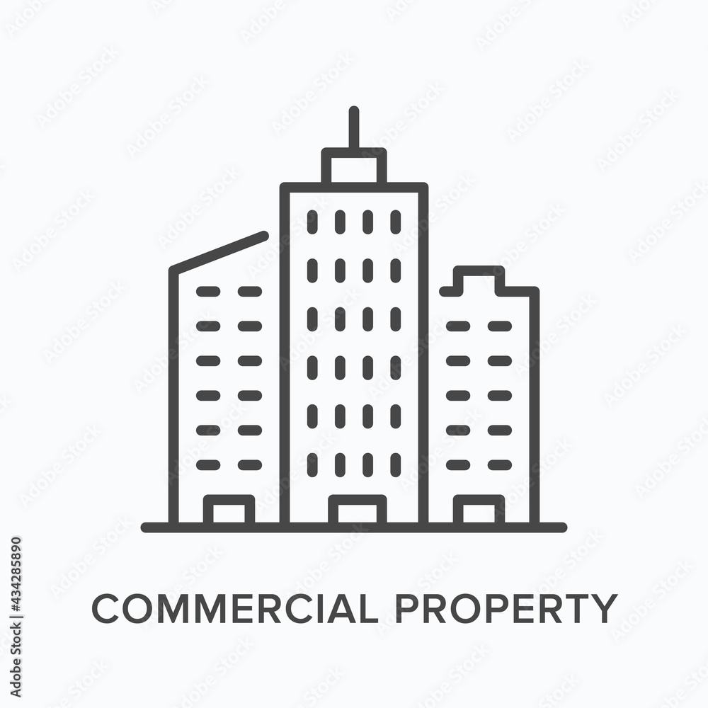 Commercial property flat line icon. Vector outline illustration of building. Black thin linear pictogram for appartment estate Commercial property flat line icon. Vector outline illustration of building. Black thin linear pictogram for appartment estate
