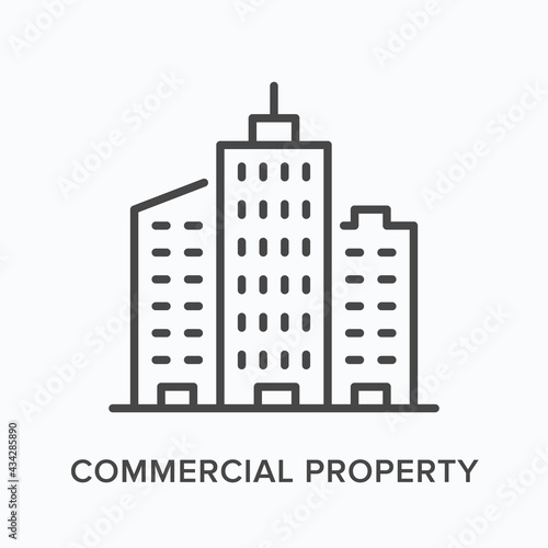 Commercial property flat line icon. Vector outline illustration of building. Black thin linear pictogram for appartment estate