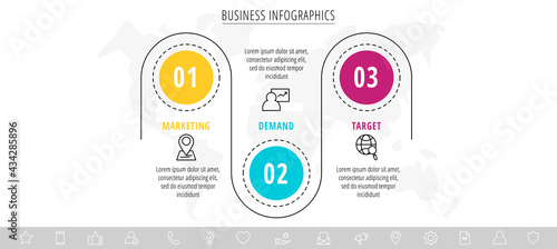 Modern and line vector infographic with icons and three steps. Circles with thin lines for the application, website, interface, chart, diagram, banner, presentations on a white isolated background