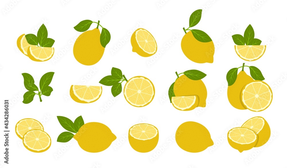 Lemon fruits isolated on white. Whole and Halved Lemon Citrus Fruit with Juicy Flesh and Green Leaves Vector Set. Organic vegetarian fresh food. Vitamin tropical juicy citrus. Lemon fruits isolated on white. Whole and Halved Lemon Citrus Fruit with Juicy Flesh and Green Leaves Vector Set. Organic vegetarian fresh food. Vitamin tropical juicy citrus.
