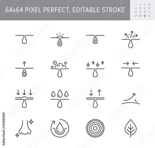 Cosmetic properties line icons. Vector illustration include icon - whitening, acne, moisturizing, cosmetic, gel, pimple, outline pictogram for skincare product. 64x64 Pixel Perfect, Editable Stroke