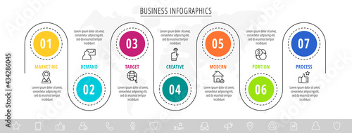 Modern and line vector infographic with icons and seven steps. Circles with thin lines for the application, website, interface, chart, levels, diagram, presentations on a white isolated background
