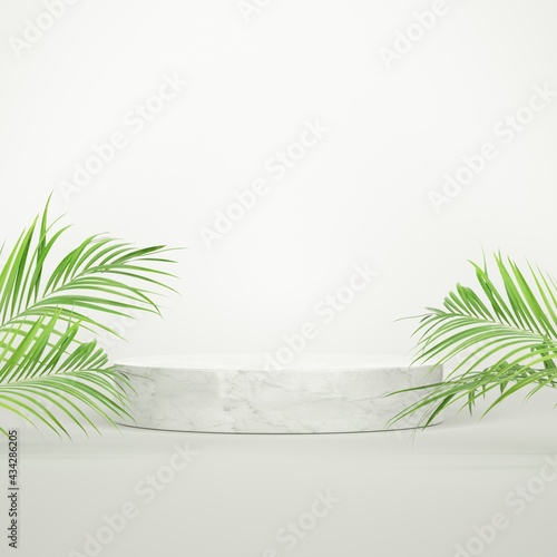 Mockup podium for product presentation, white scene stone marble with nature leaves. 3D rendering