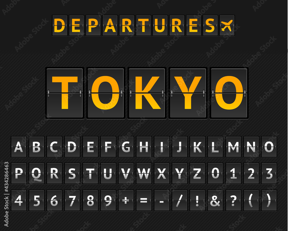 Mechanical Airport Flip Board Tokio and Set of Letters and Numbers . Vector Mechanical Airport Flip Board Tokio and Set of Letters and Numbers . Vector