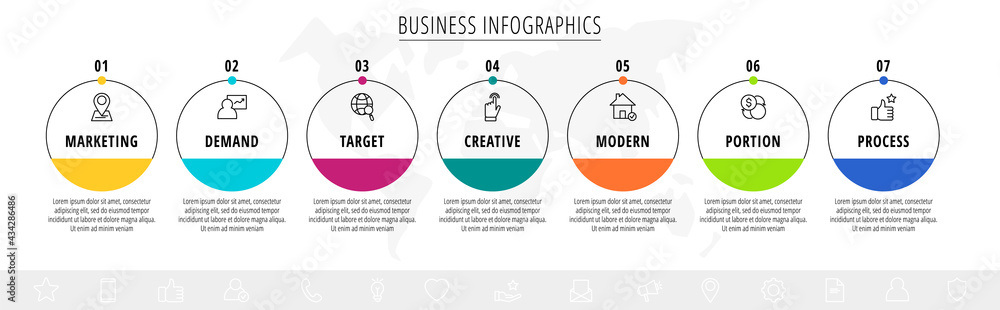 Vector infographics seven circles with arrows. Line business concept of 7 steps, options. Infographic template for diagram, web, banner, presentations, flowchart, content, levels, chart Vector infographics seven circles with arrows. Line business concept of 7 steps, options. Infographic template for diagram, web, banner, presentations, flowchart, content, levels, chart