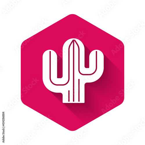 White Cactus icon isolated with long shadow background. Pink hexagon button. Vector © vector_v