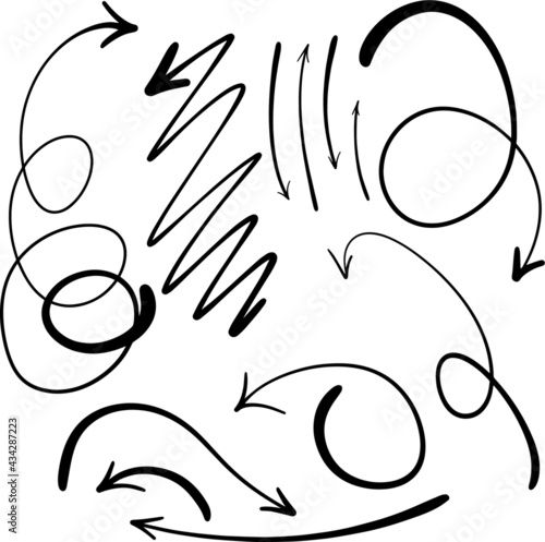 Set of various vector icons with hand-drawn arrows. Arrow design sketch for a business plan, infographic, or education.