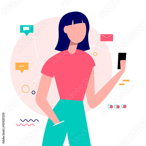 Young girl with modern smartphone. Online communication in social networks. Vector illustration.