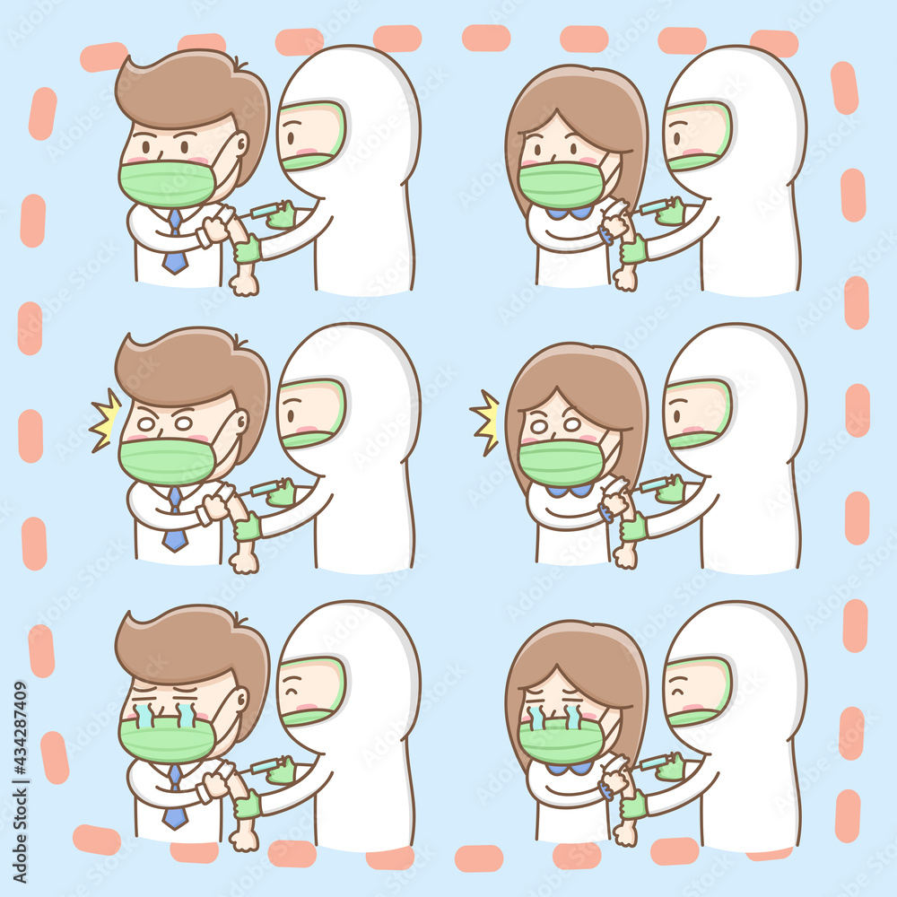 Design element vector of cute man and woman cartoon characters in vaccination actions. Vaccination promotions. We will win in COVID-19 crisis together. Cute cartoon hand drawn style.