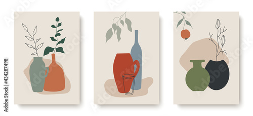 Collection of contemporary art posters in pastel colors. Abstract elements and vases flowers  leaves and fruits  branches. Great design for social media  postcards  print