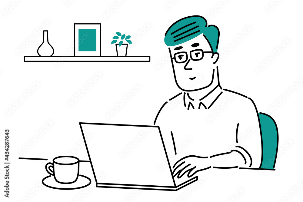 カフェでリモートワークをするメガネの男性のイラスト素材 カフェでリモートワークをするメガネの男性のイラスト素材