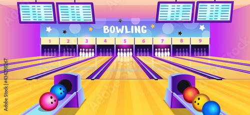 Bowling club interior with bowling alleys, pins and balls in cartoon style. Vector illustration.