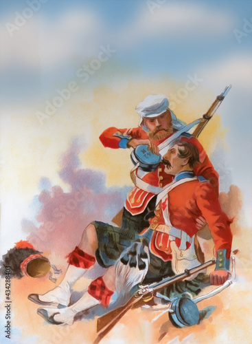 Wounded British soldier in India during the 1850s. Illustration.