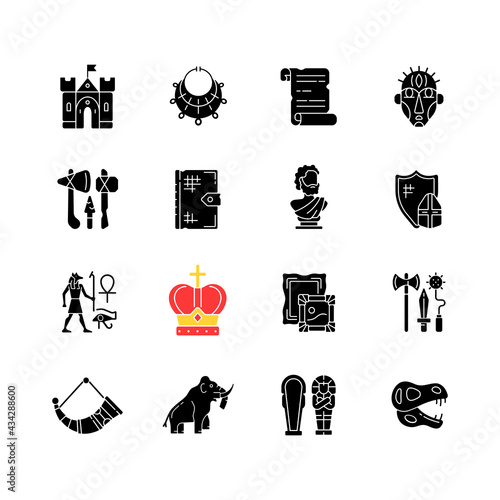 Heritage and museum black glyph icons set on white space. Medieval times. Excavated treasure. Middle ages. Historic building. Ancient jewelry. Silhouette symbols. Vector isolated illustration