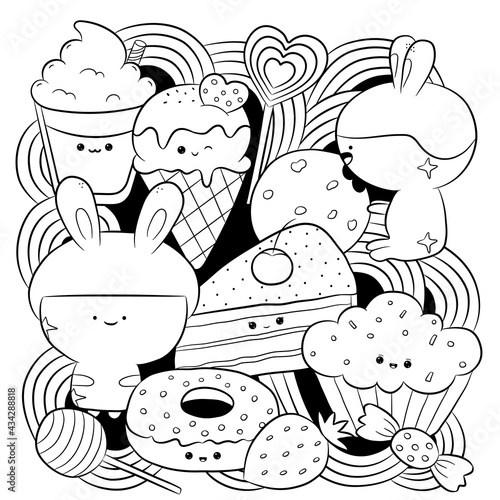 Fantasy black doodle anti-stress coloring book on white background. Cute characters and tasty sweet food in kawaii style. Vector illustration.