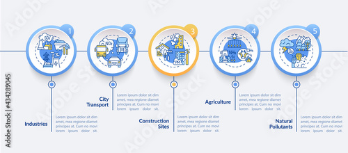 Ambient air pollution vector infographic template. City transport, agriculture presentation design elements. Data visualization with 5 steps. Process timeline chart. Workflow layout with linear icons