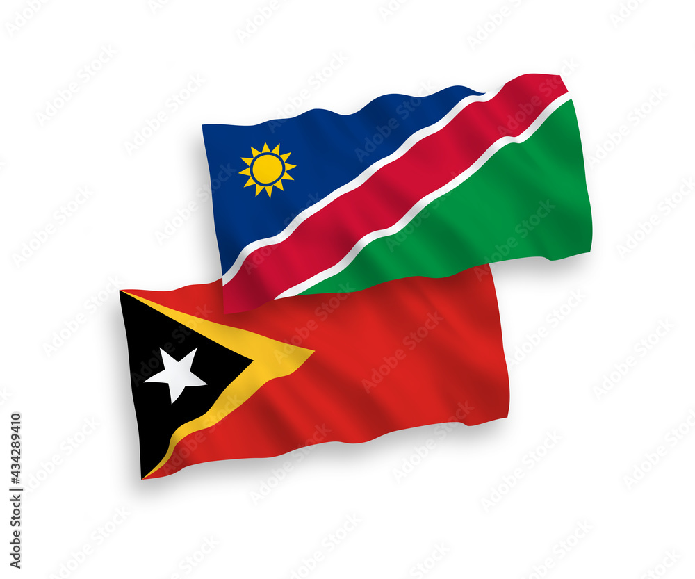 National vector fabric wave flags of Republic of Namibia and East Timor isolated on white background. 1 to 2 proportion.