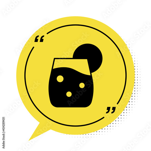 Black Cocktail and alcohol drink icon isolated on white background. Yellow speech bubble symbol. Vector
