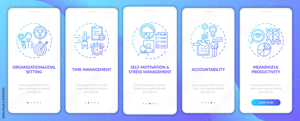 Self-management skills navy onboarding mobile app page screen with concepts. Productivity walkthrough 5 steps graphic instructions. UI, UX, GUI vector template with linear color illustrations