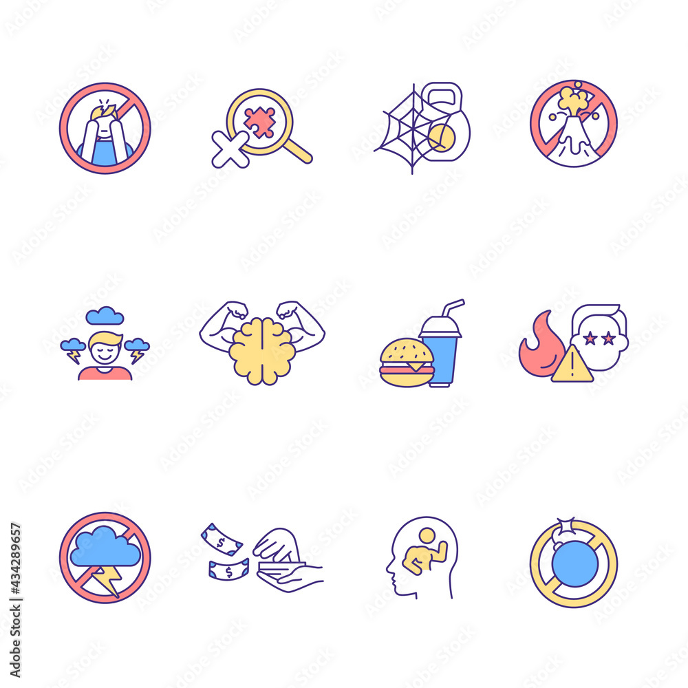 Self control and regulation RGB color icons set. Personal management skills. Mental power. Life improvement and productivity. Health care. Unhealthy lifestyle. Isolated vector illustrations