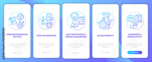 Self-management skills navy onboarding mobile app page screen with concepts. Productivity walkthrough 5 steps graphic instructions. UI, UX, GUI vector template with linear color illustrations