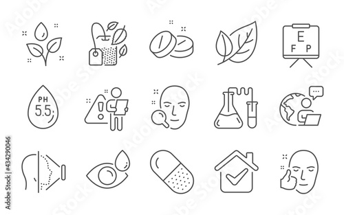 Chemistry lab, Medical tablet and Face id line icons set. Leaf, Mint bag and Face search signs. Plants watering, Vision board and Capsule pill symbols. Eye drops, Ph neutral. Line icons set. Vector