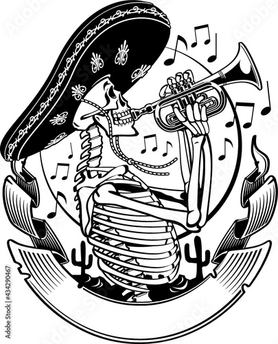mexican skeleton with sombrero playing the trumpet