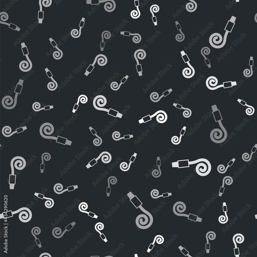 Grey Birthday party horn icon isolated seamless pattern on black background. Vector