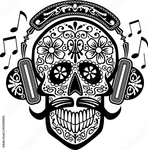 mexican sugar skull wearing stereo headphones and music notes