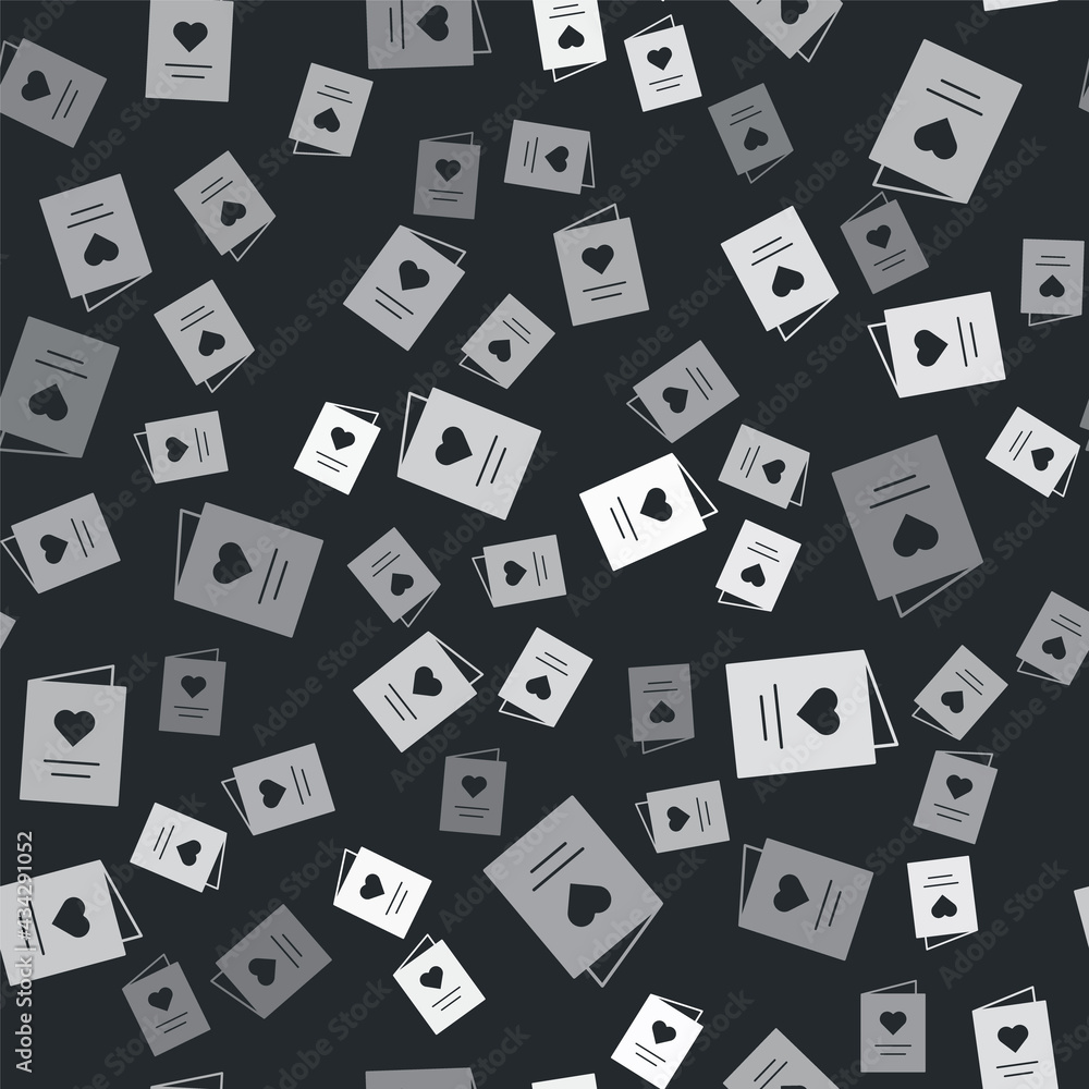 Grey Postcard with heart icon isolated seamless pattern on black background. Message love. Letter love and romance. Vector Grey Postcard with heart icon isolated seamless pattern on black background. Message love. Letter love and romance. Vector