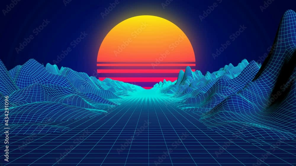 Synthwave wireframe landscape. Sun over the grid. 80s style retro futurism background. Retro wave horizon landscape. 80s futuristic sci-fi 4K Seamless loop.