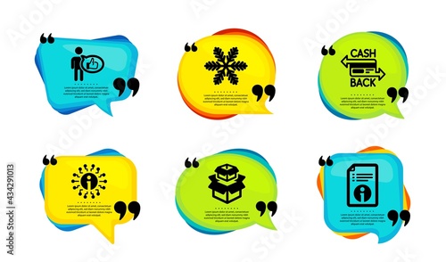 Cashback card, Info and Snowflake icons simple set. Speech bubble with quotes. Packing boxes, Like and Technical info signs. Money payment, Information, Air conditioning. Vector