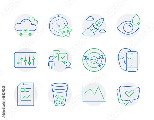 Business icons set. Included icon as Targeting, Eye drops, Line chart signs. Vip timer, Report document, Dj controller symbols. Face biometrics, Consulting business, Snow weather. Ice tea. Vector