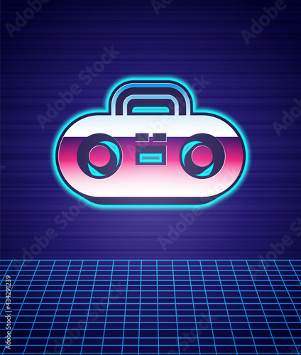 Retro style Home stereo with two speakers icon isolated futuristic landscape background. Music system. 80s fashion party. Vector