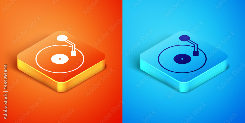 Isometric Vinyl player with a vinyl disk icon isolated on orange and blue background. Vector Isometric Vinyl player with a vinyl disk icon isolated on orange and blue background. Vector