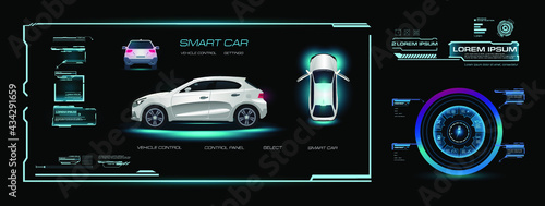 Automotive user interface with vehicle parameters and characteristics. All vehicle parameters on holographic touch screen. Car interface with HUD, GUI, UI