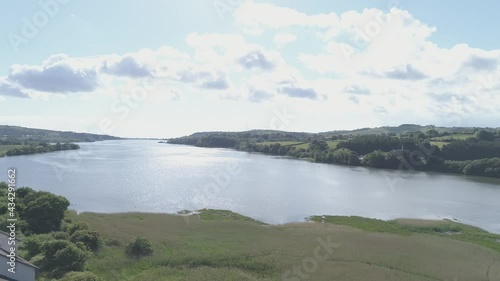 Drone pans over the River Teign in Newton Abbot, Devon, England.