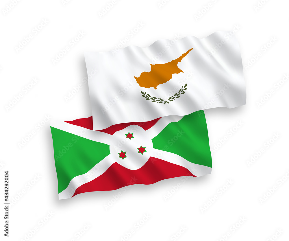 National vector fabric wave flags of Cyprus and Burundi isolated on white background. 1 to 2 proportion.
