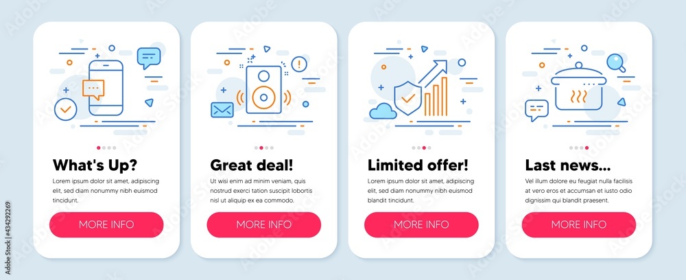 Set of line icons, such as Smartphone message, Security statistics, Speakers symbols. Mobile screen app banners. Boiling pan line icons. Cellphone chat, Cyber protection, Sound. Vector