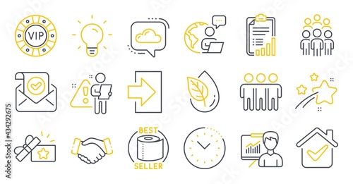 Set of Business icons, such as Loyalty gift, Presentation, Vip chip symbols. Cloud communication, Checklist, Confirmed mail signs. Time management, Login, Toilet paper. Group people. Vector