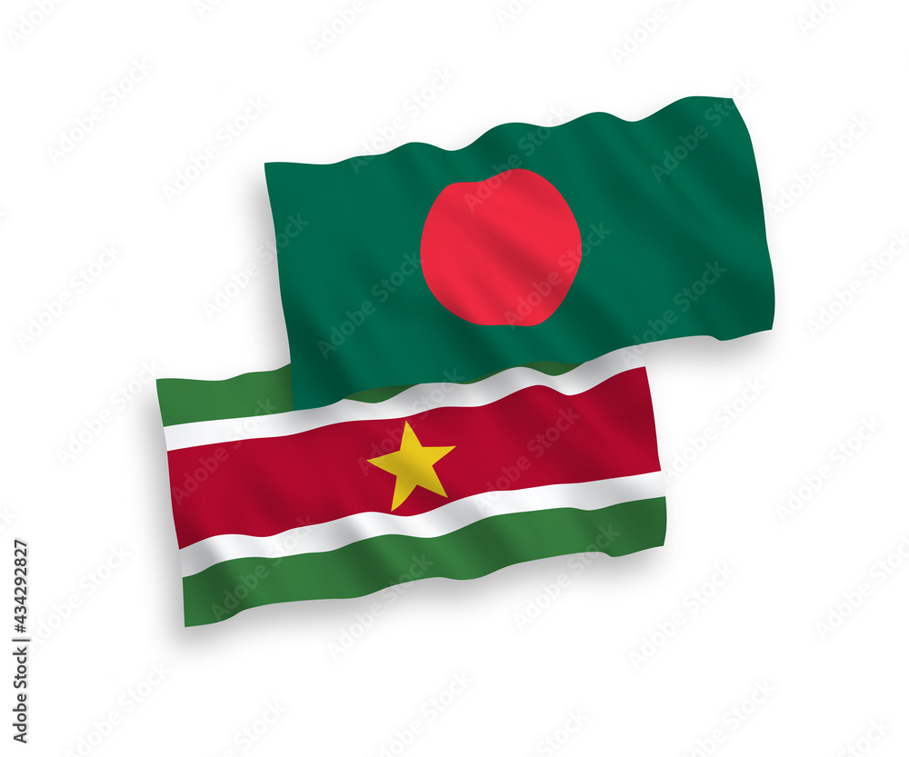 National vector fabric wave flags of Republic of Suriname and Bangladesh isolated on white background. 1 to 2 proportion.