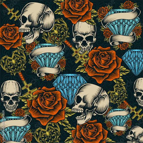 Vintage seamless background with skull diamond rose pattern