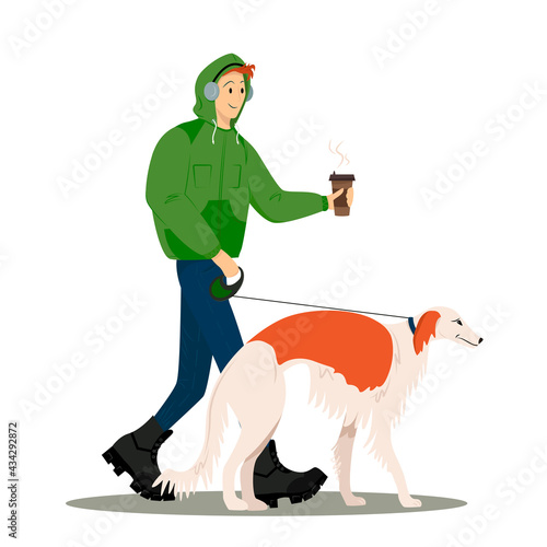The guy walks with his dog and drinks coffee. A man walks a greyhound. Vector flat style illustration for animal shelter or dog walking site or promotional material.
