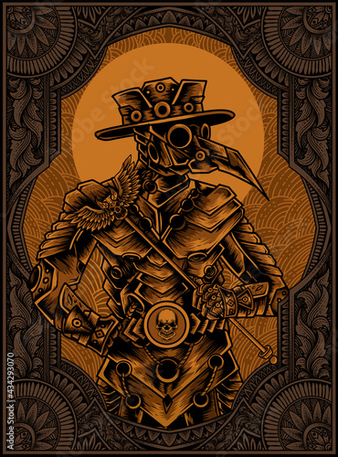 illustration plague doctor robotic costume on vintage engraving frame