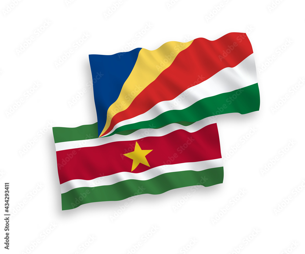 National vector fabric wave flags of Republic of Suriname and Seychelles isolated on white background. 1 to 2 proportion. National vector fabric wave flags of Republic of Suriname and Seychelles isolated on white background. 1 to 2 proportion.