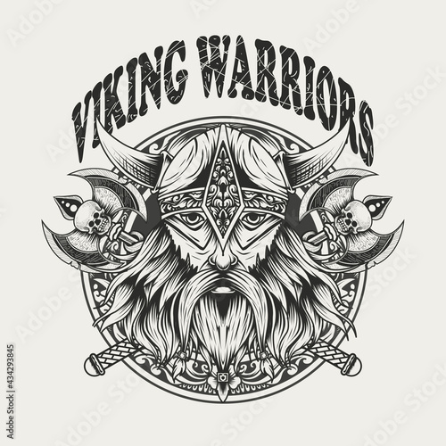 illustration viking warriors head monochrome color