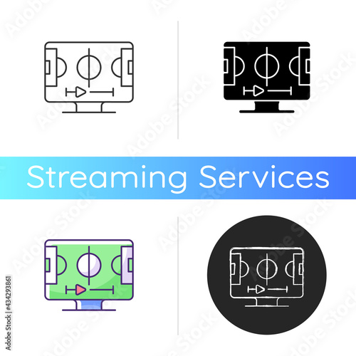 Sports streaming icon. Watching live sporting events. Football, basketball and baseball games. Televised sports matches. Linear black and RGB color styles. Isolated vector illustrations