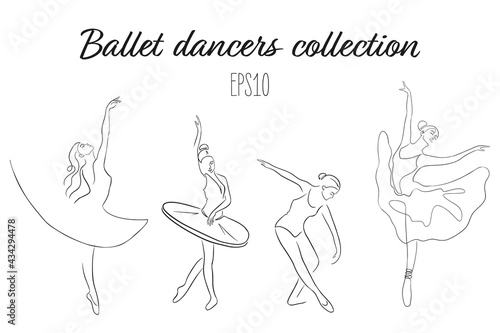 Continuous line art Ballet Dancers set. Ballet dancers in graceful postures, with pointe shoes and tutu. Hand drawn isolated vector illustrations for logo, emblem template, web, prints